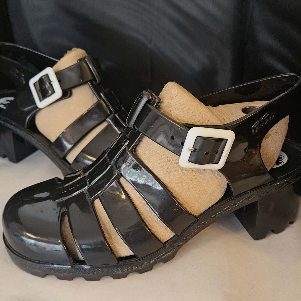 JuJu Babe Black Jelly Sandals Chunky Block Heel Caged Fisherman Y2K sz UK 6 US 7